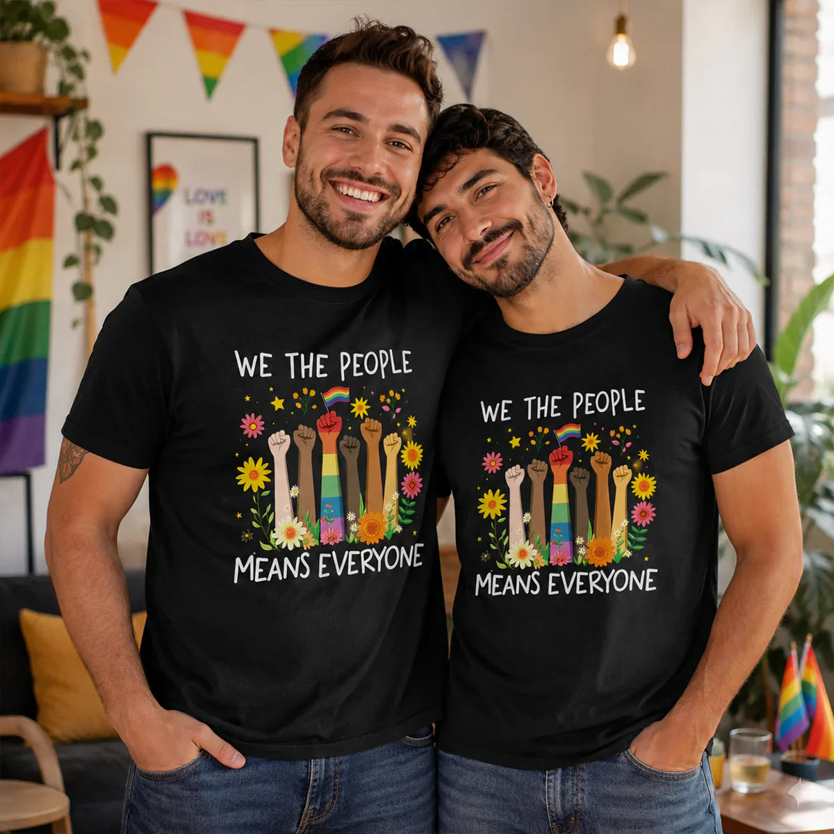 Classic Tee, Rainbow Flag & Floral Raised Fists LGBTQ Pride Design, Unique Gift For Ally