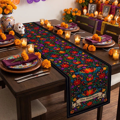 Personalized Table Runner, Vibrant Mexican Folk Floral Tablescape, Unique Housewarming Gift for Family