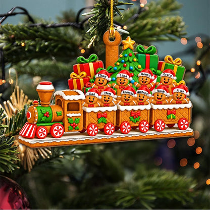 Personalized Acrylic Ornament, Gingerbread Family Riding a Colorful Train, Unique Christmas Gift for Family