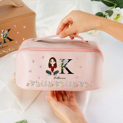 Personalized Leather Makeup Bag with Initial & Cartoon Girl, Spacious Travel Makeup Organizer, Cute Unique Gift for Her