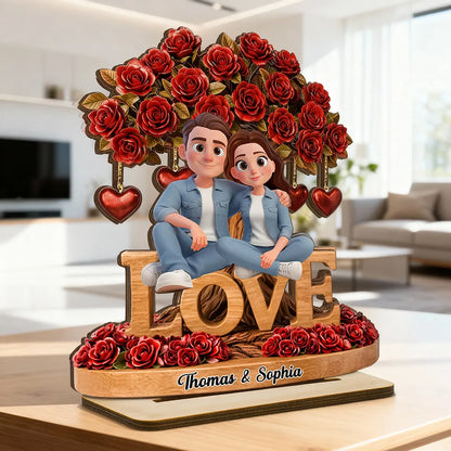 Personalized 2-Layer Wooden Plaque Couple on LOVE Bench with Rose Tree and Hearts, Unique Valentine's Day Gift