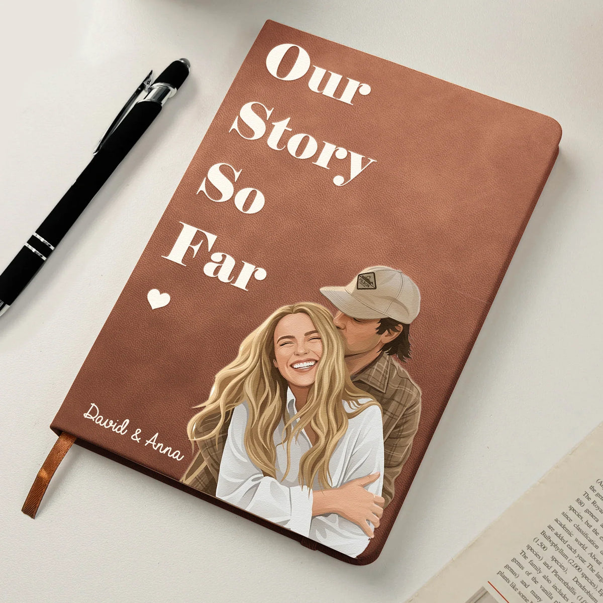 Personalized Leather Journal With Kissing Couple Portrait, Our Story So Far Unique Gift For A Couple