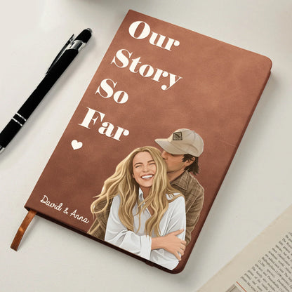 Personalized Leather Journal With Kissing Couple Portrait, Our Story So Far Unique Gift For A Couple