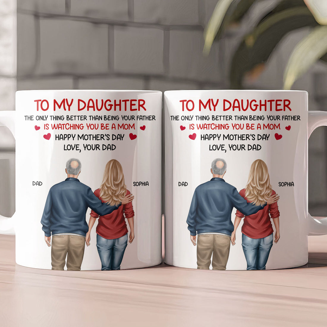 White Ceramic Mug Personalized for a Daughter, Heartwarming Father and Daughter Illustration, Thoughtful Mother's Day Gift