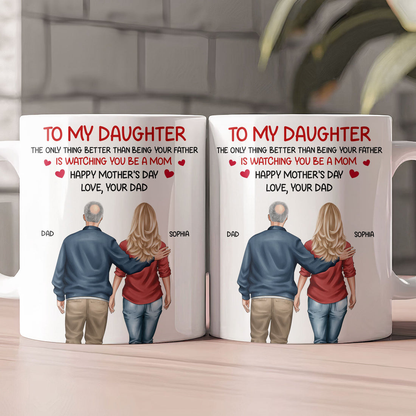 White Ceramic Mug Personalized for a Daughter, Heartwarming Father and Daughter Illustration, Thoughtful Mother's Day Gift