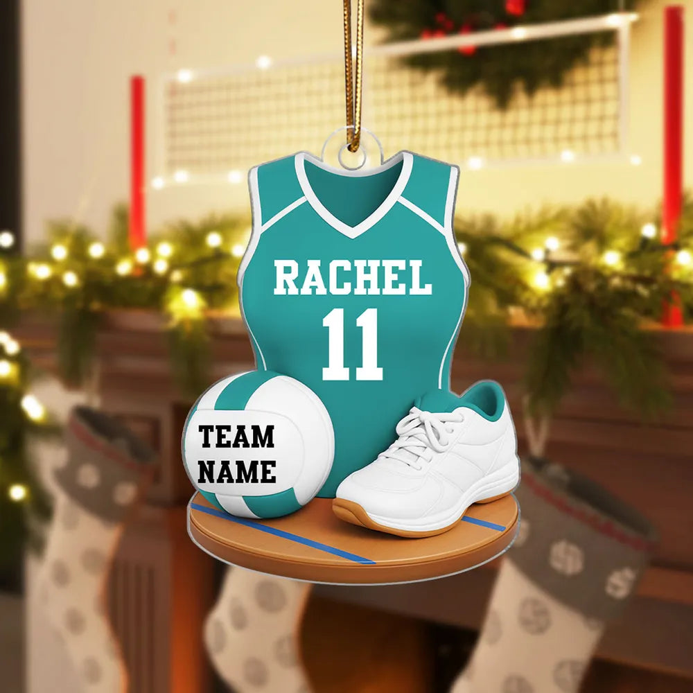 Personalized Acrylic Ornament with Red Volleyball Jersey, Ball and Shoes, Unique Christmas Gift for Player