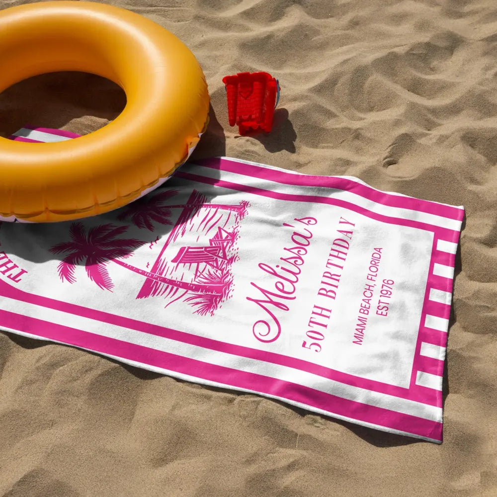 Custom Beach Towel with Pink Tropical Palms, Vacation Vibe for Beach Trip or Cruise, Thoughtful Birthday Gift