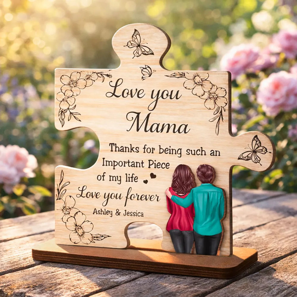 2-Layer Wooden Plaque Puzzle Piece Gift for Mom, Love You Mama Design, Warm Floral Butterfly Decor, Unique Thank You Gift
