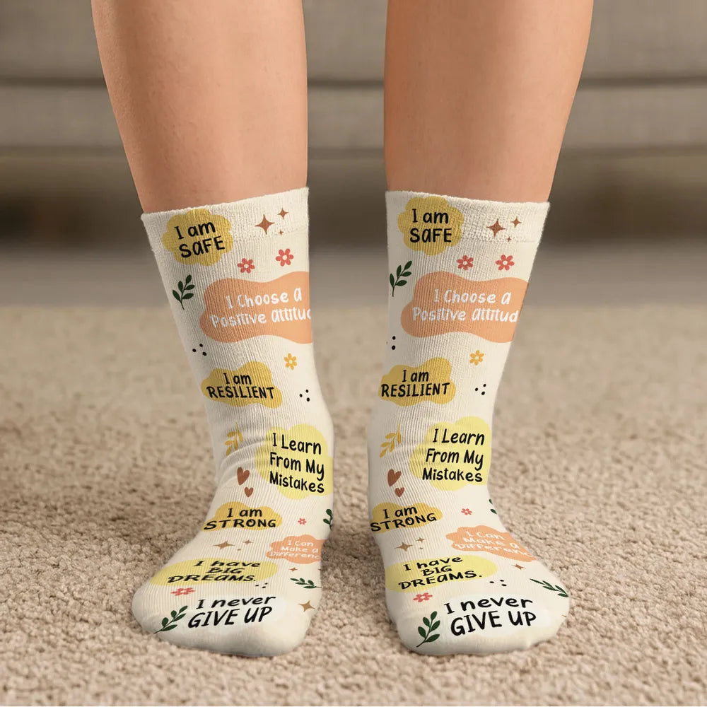 Kids Crew Socks with I Am Kind Affirmations, Personalized Encouragement, Creative Gift for Son or Daughter