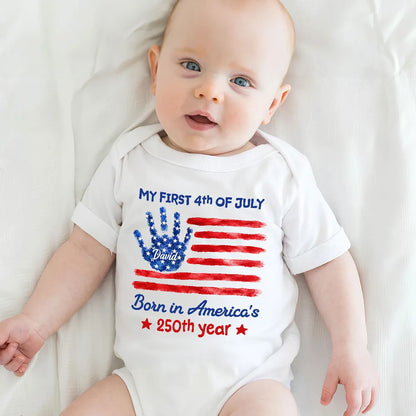 Personalized Short Sleeve Baby Onesie, My First 4th of July Handprint Flag, Unique Baby Gift