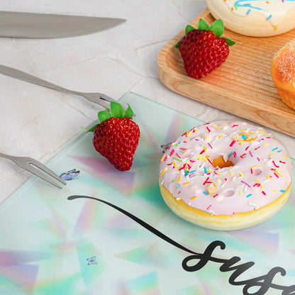 Tempered Glass Cutting Board With Custom Script Name, Watercolor Flowers, Creative Kitchen Gift for Her
