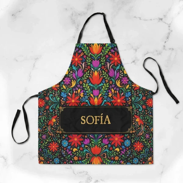 Personalized Waterproof Apron, Vibrant Mexican Folk Florals, Unique Gift for Home Cooks