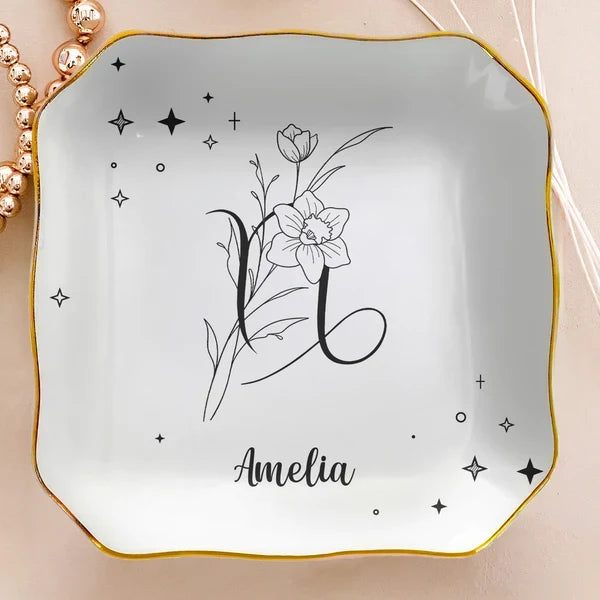 Zodiac Birth Flower Jewelry Dish, Personalized Celestial Keepsake Tray, Meaningful Creative Gift for Her
