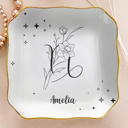 Zodiac Birth Flower Jewelry Dish, Personalized Celestial Keepsake Tray, Meaningful Creative Gift for Her