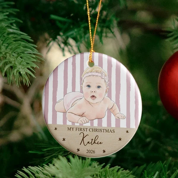 Personalized Ceramic Ornament, AI-Styled Smiling Baby Photo, First Christmas Keepsake, Unique Gift for Parents