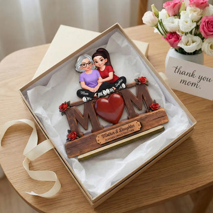 Personalized 2-Layer Wooden Plaque Mother & Daughter Forever Linked Together, MOM Heart Roses, Unique Gift for Mom