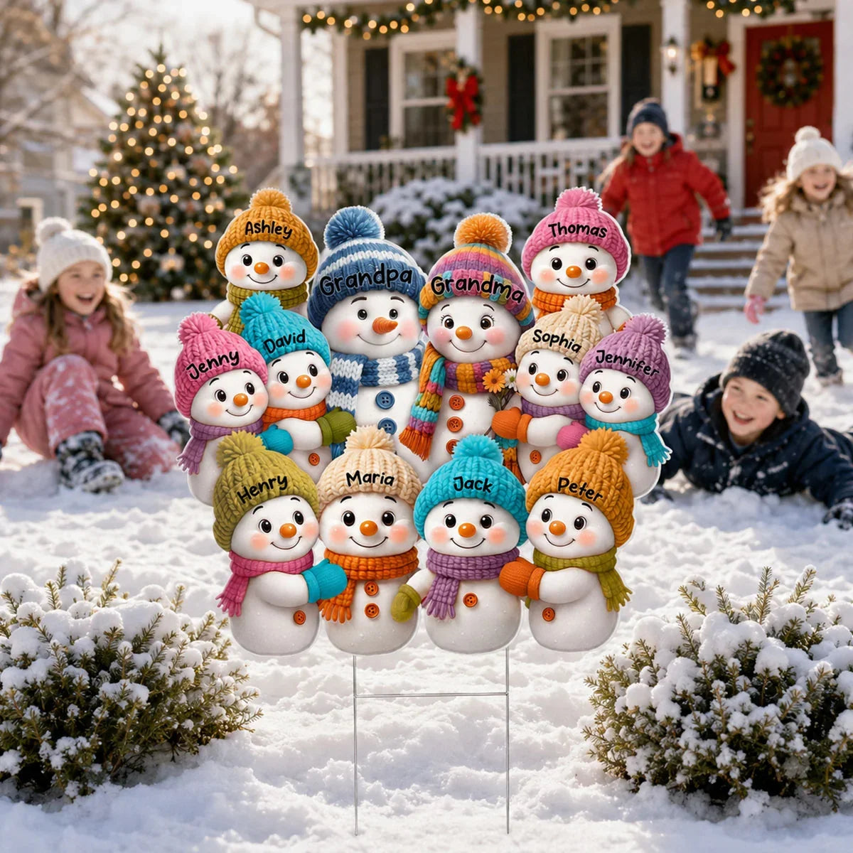Personalized Shaped Yard Sign, Colorful Snowman Family in a Snowy Christmas Yard, Unique Gift for Grandparents
