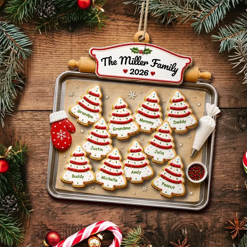 2-Layer Wooden Ornament, Personalized Family Tree Cookies in Warm Red & Green, Creative Gift for Parents