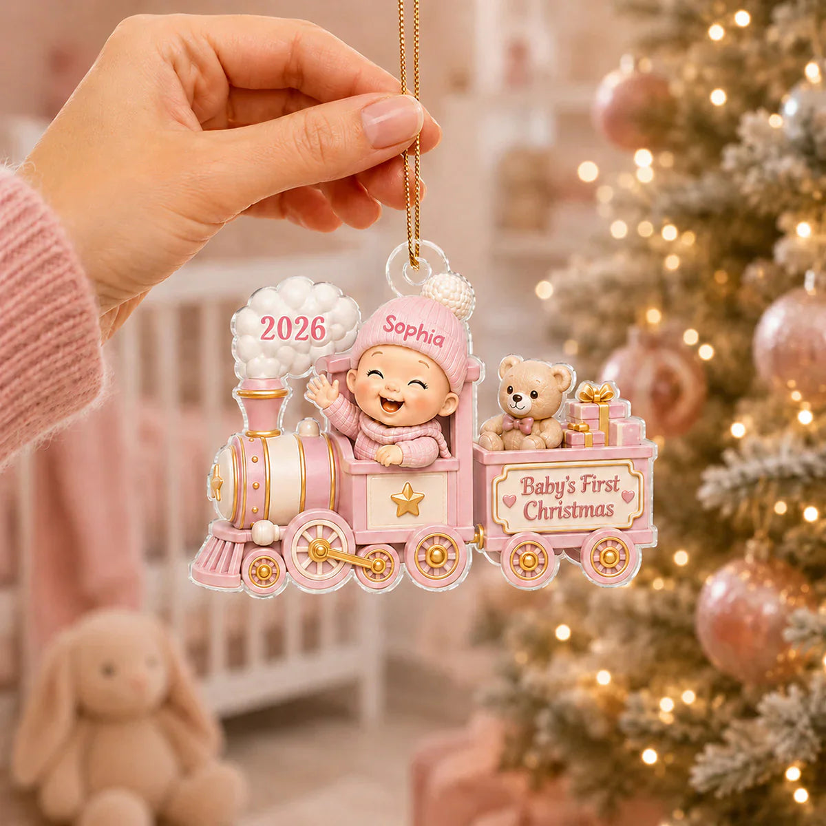 Personalized Acrylic Ornament, Waving Baby Toy Train First Christmas, Unique Gift for New Parents