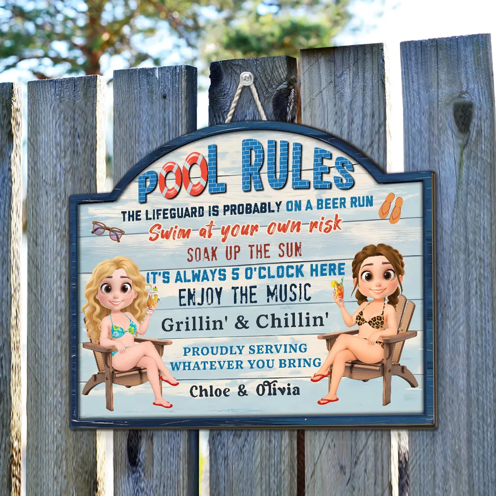 Funny Wooden Sign with Swim at Your Own Risk Pool Vibes, Custom Creative Gift for Friends & Couples