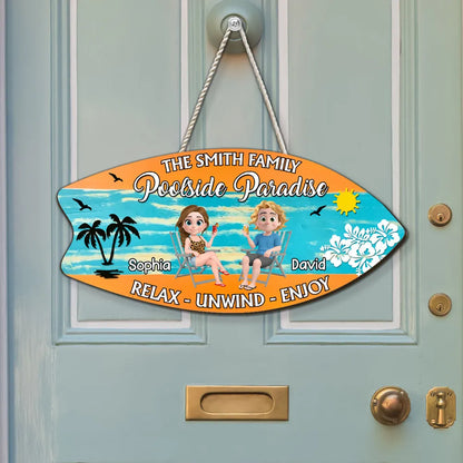 Poolside Paradise Wooden Sign, Personalized Sunny Beach Couple Illustration, Relax Unwind Enjoy, Creative Gift