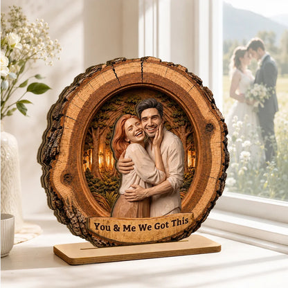 Personalized 2-Layer Wooden Plaque, AI Woodcut Style Hugging Couple Portrait, Unique Gift for Partner