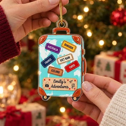 Personalized Acrylic Ornament, Turquoise Suitcase World Map Keepsake, Unique Travel Gift for Travelers