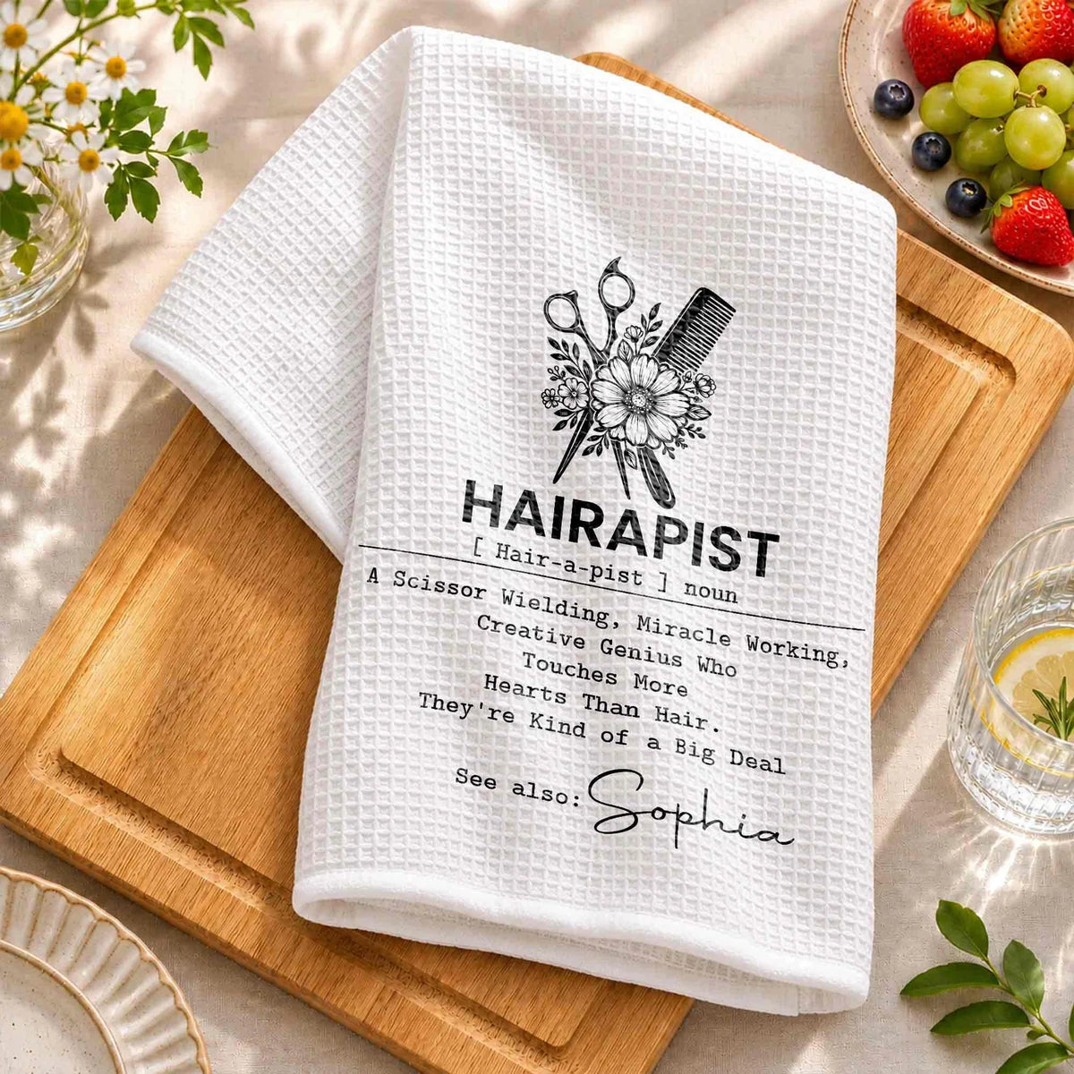 Hairapist Personalized Kitchen Towel, Monochrome Salon Art, Creative Appreciation Gift for Hair Stylist
