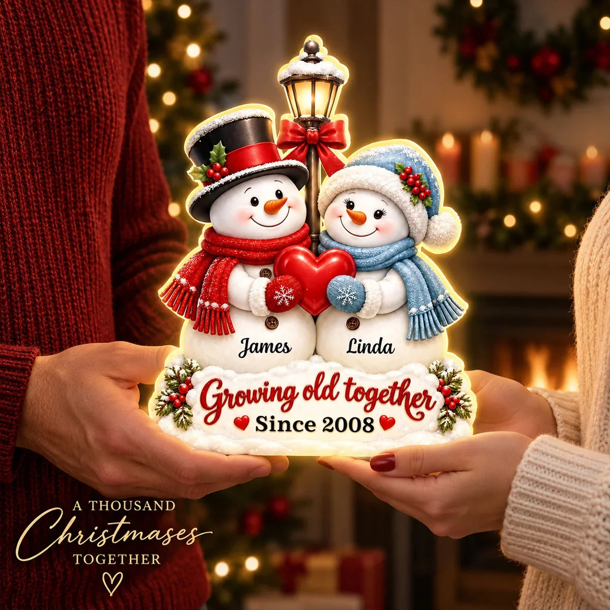 Personalized Growing Old Together Acrylic Light Box, Snowmen Holding a Heart, Creative Gift for a Partner