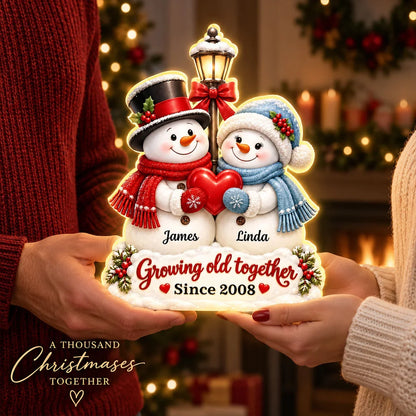 Personalized Growing Old Together Acrylic Light Box, Snowmen Holding a Heart, Creative Gift for a Partner