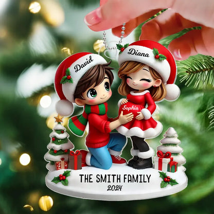 Christmas Acrylic Ornament - Expecting Couple with Santa Hats, Baby-Bump Moment, Festive Keepsake, a Unique Gift for New Mom & Dad
