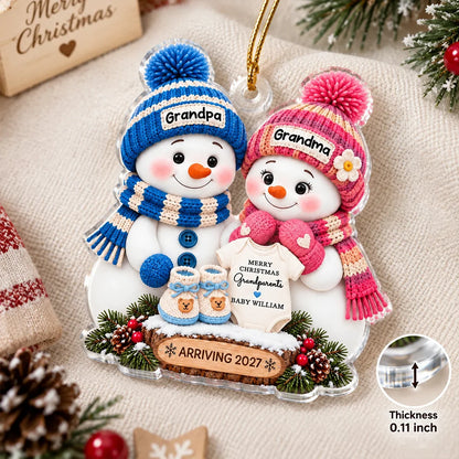 Personalized Acrylic Ornament, Cute Blue & Pink Snowman Grandparents with Baby Onesie, Unique Gift for Grandma & Grandpa