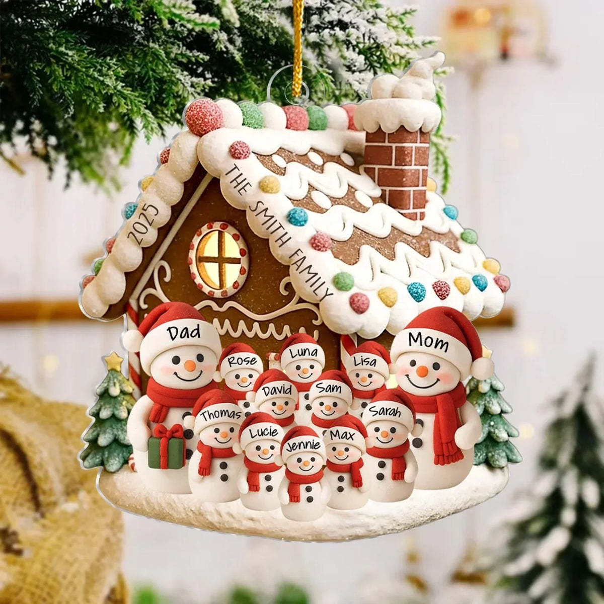 Personalized Acrylic Ornament, Snowman Family by a Gingerbread House, Unique Christmas Gift for Family