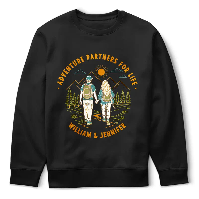 Personalized Classic Tee, Retro Hiking Couple Adventure Partners For Life, Unique Gift For Couples