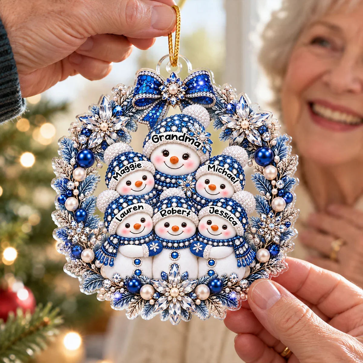 Personalized Acrylic Ornament, Blue and Silver Snowman Wreath, Unique Christmas Gift for Grandma