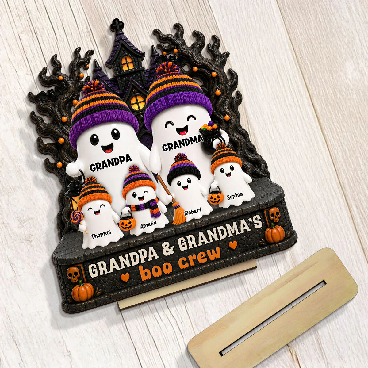 2-Layer Wooden Plaque, Grandpa & Grandma's Boo Crew Haunted House, Creative Gift for Grandparents