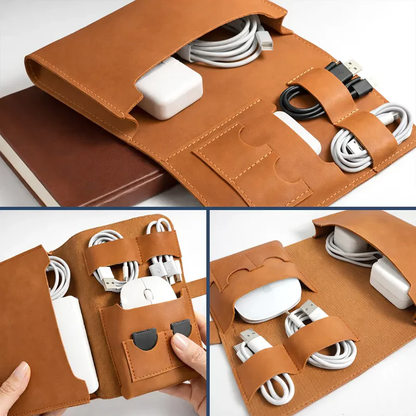 Personalized Leather Cable Organizer with Travel Girl Illustration, All My Charging Shit, Unique Gift for Tech Lovers