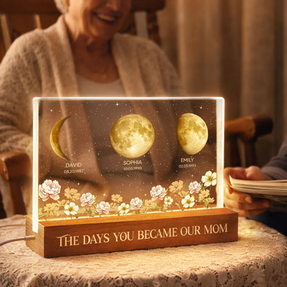 The Days You Became Our Mom Block LED Light Plaque, Custom Night Light for Bedroom or Office Desk, Meaningful Gift
