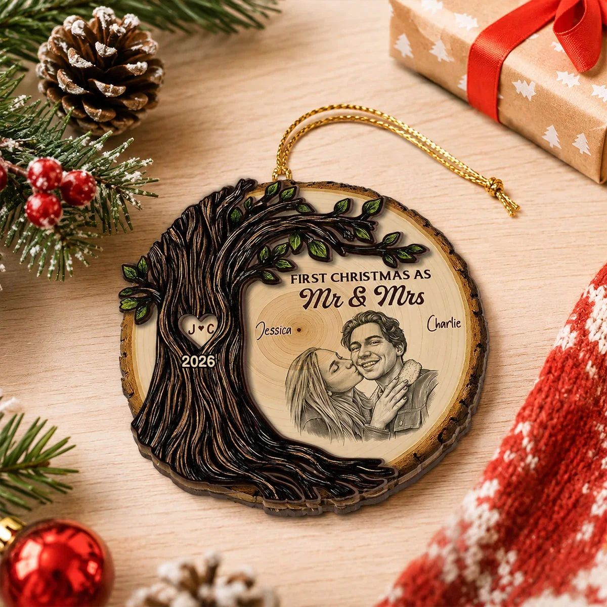 First Christmas as Mr & Mrs 2-Layer Wooden Ornament, Romantic Tree Design, Creative Gift for a Married Couple