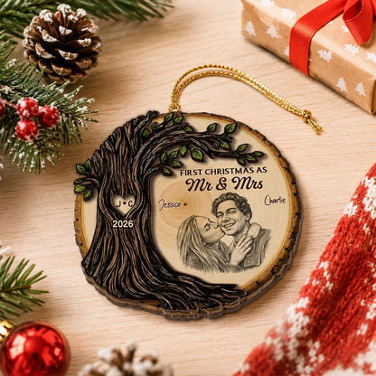 First Christmas as Mr & Mrs 2-Layer Wooden Ornament, Romantic Tree Design, Creative Gift for a Married Couple