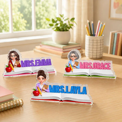 Teacher Shaped Acrylic Block Plaque, Personalized Classroom Desk Decor, Unique Gift with Heart