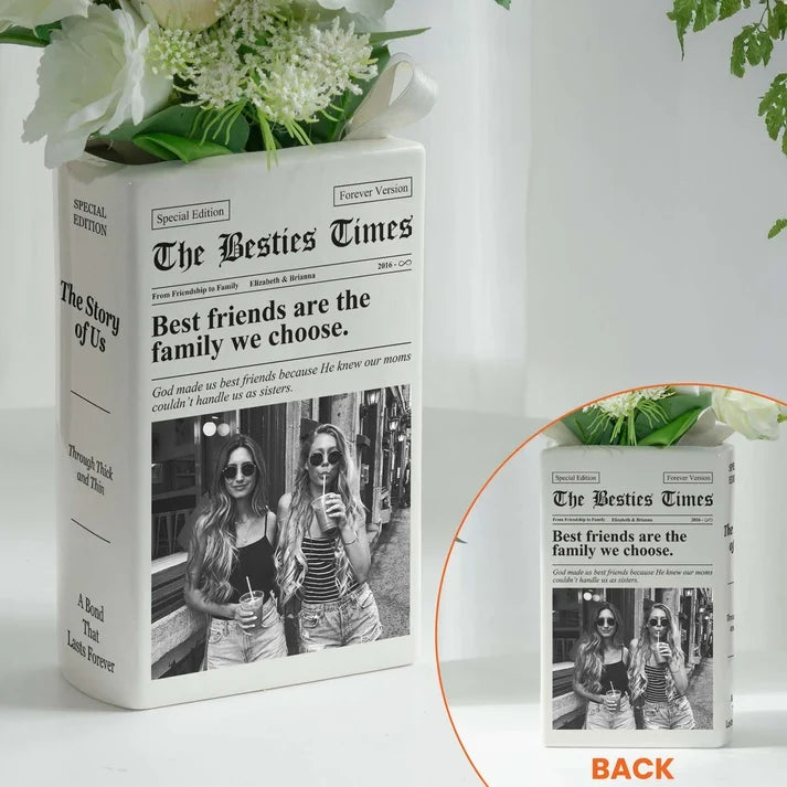 Personalized Ceramic Book Vase with Friends Posing Together, Family We Choose Quote, Creative Gift for Best Friend