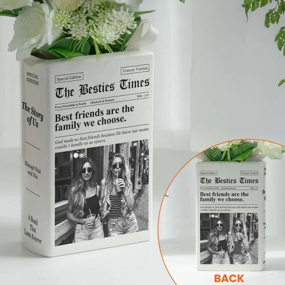 Personalized Ceramic Book Vase with Friends Posing Together, Family We Choose Quote, Creative Gift for Best Friend