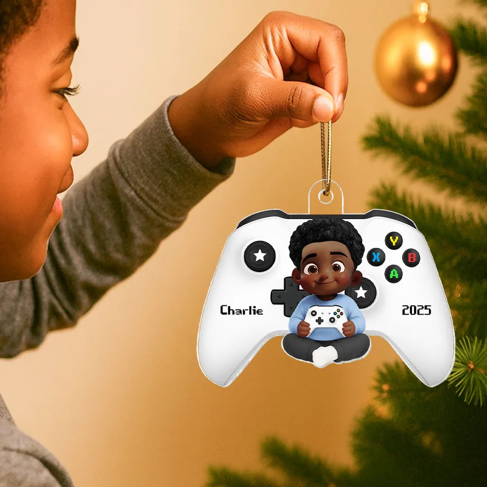 Personalized Acrylic Ornament with Cute Gamer Child Holding Console, Unique Christmas Gift for Son