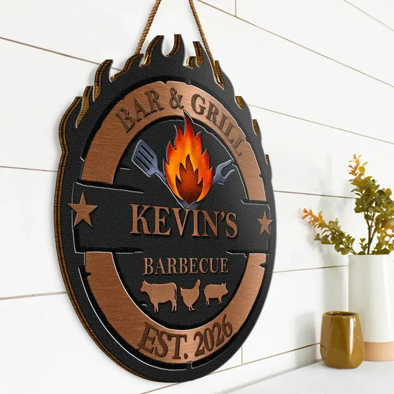 Personalized Wooden Sign with Flame and Grilling Icons, Creative Gift for Backyard Cooks and Hosts