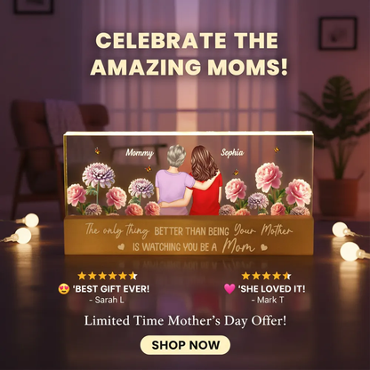 Personalized Block LED Light Plaque Mom and Daughter Hugging Floral Night Light, Unique Gift for Mom or Daughter