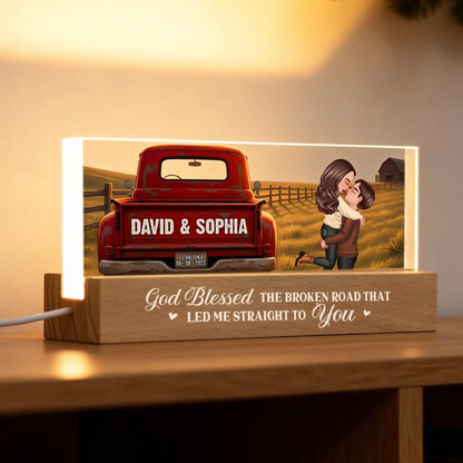 Personalized Block LED Light Plaque With Couple Kissing by a Red Truck, Rustic Sunset Scene, Unique Anniversary Gift