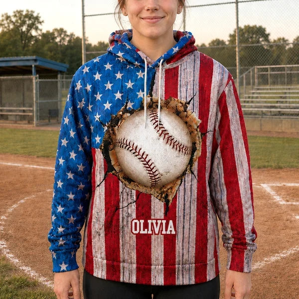 Personalized Youth Printed Flannel Hoodie, Vintage American Flag Baseball Design, Unique Gift for Young Players