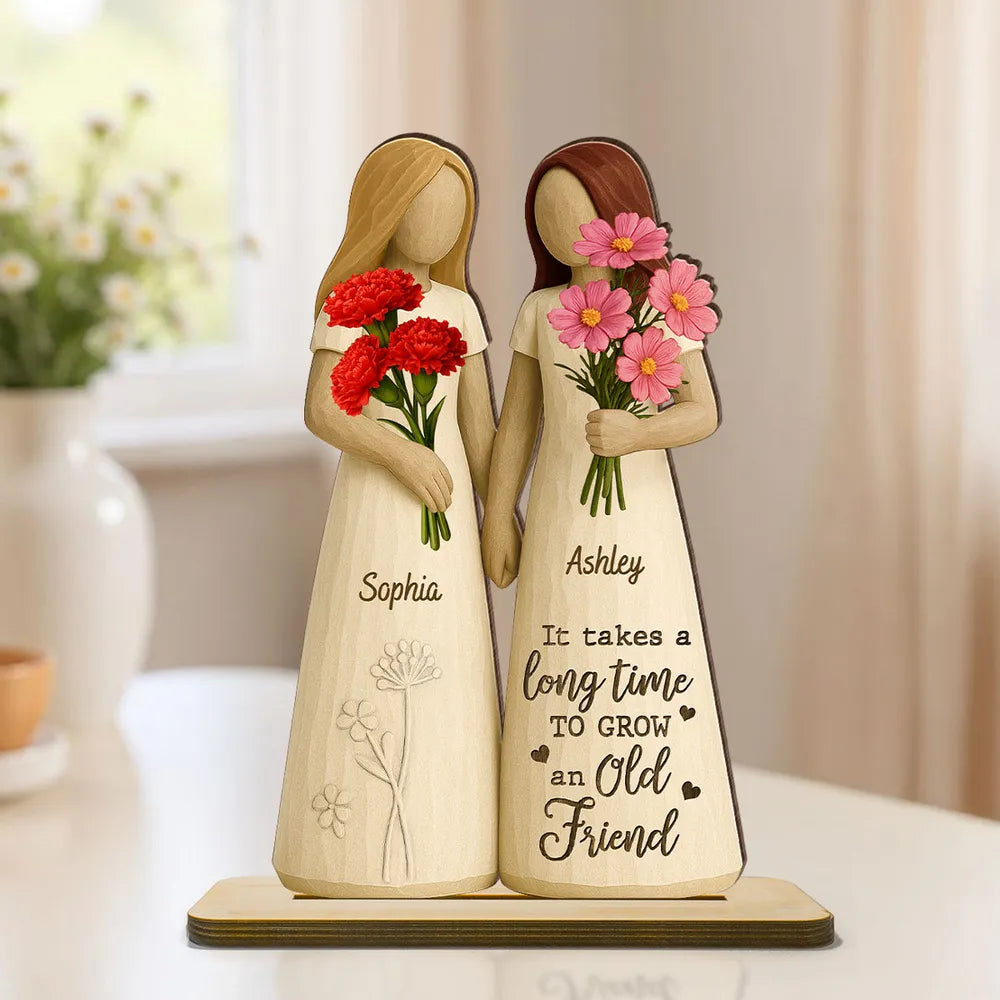2-Layer Wooden Plaque for Best Friends – Hand-in-Hand figurine with flowers, cozy mantel décor and heartwarming keepsake, perfect gift to celebrate lifelong friendship