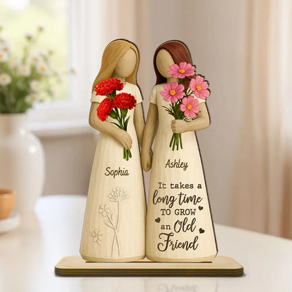 2-Layer Wooden Plaque for Best Friends – Hand-in-Hand figurine with flowers, cozy mantel décor and heartwarming keepsake, perfect gift to celebrate lifelong friendship